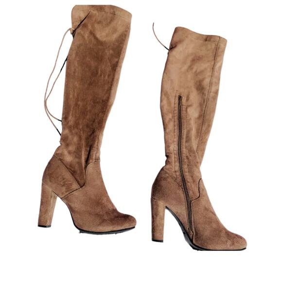 Top Moda Brown Faux Suede Heeled Lace Tie Up Knee High Boots Size 10 - Picture 1 of 10